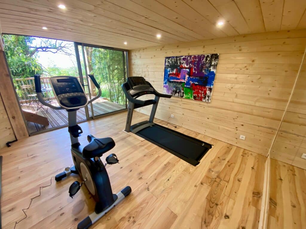 Salle de sport de la cabane dans les arbres avec tapis de course et vélo d'appartement